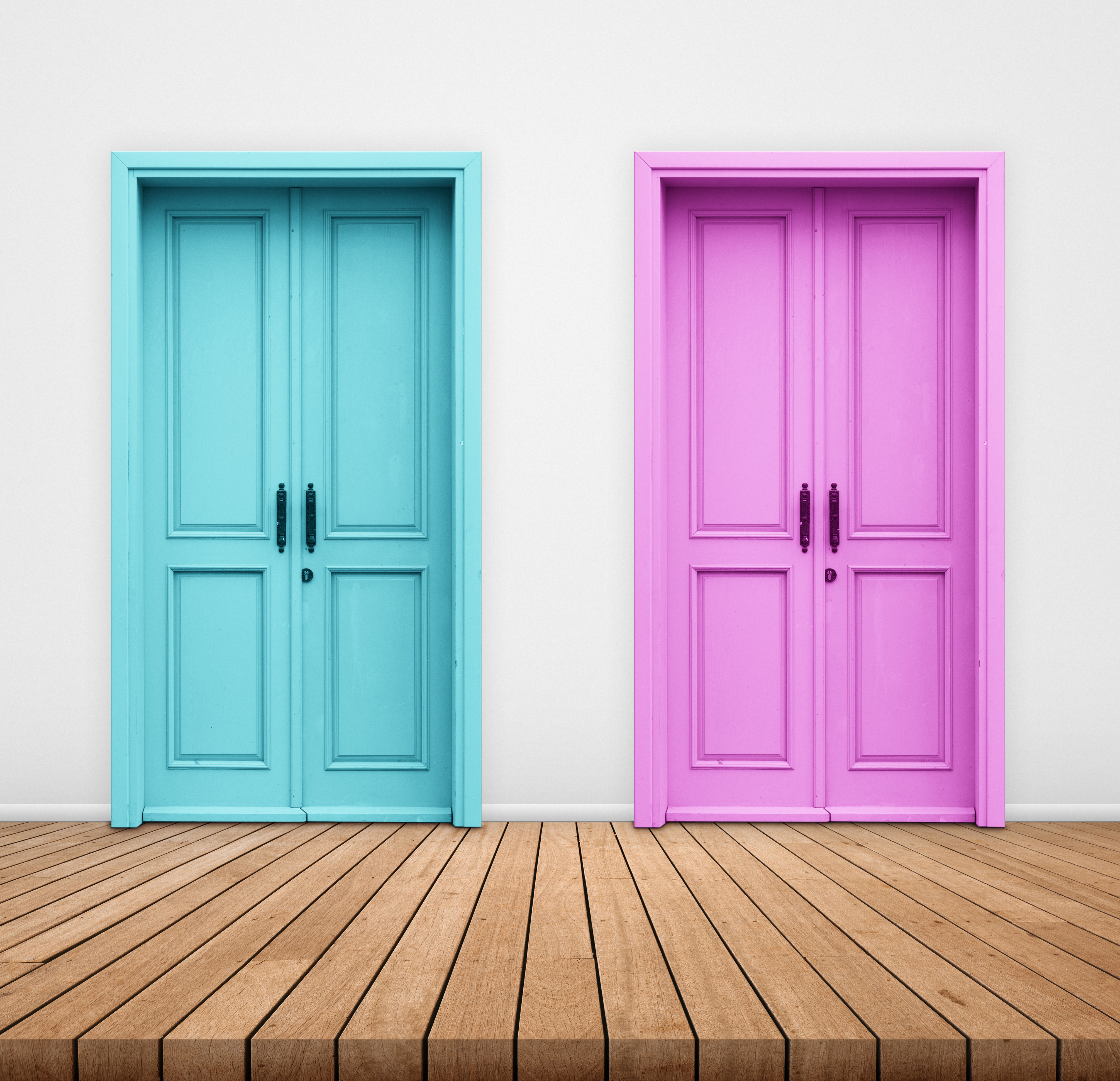 Two doors turquoise and pink colored